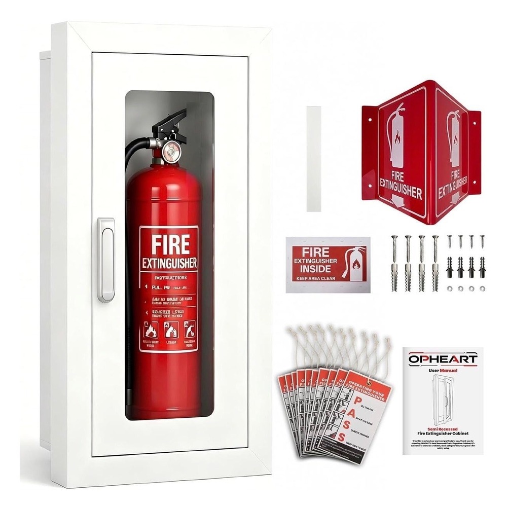 OPHEART Semi Recessed Fire Extinguisher Cabinet ST12 Steel White Wall 5-10lb